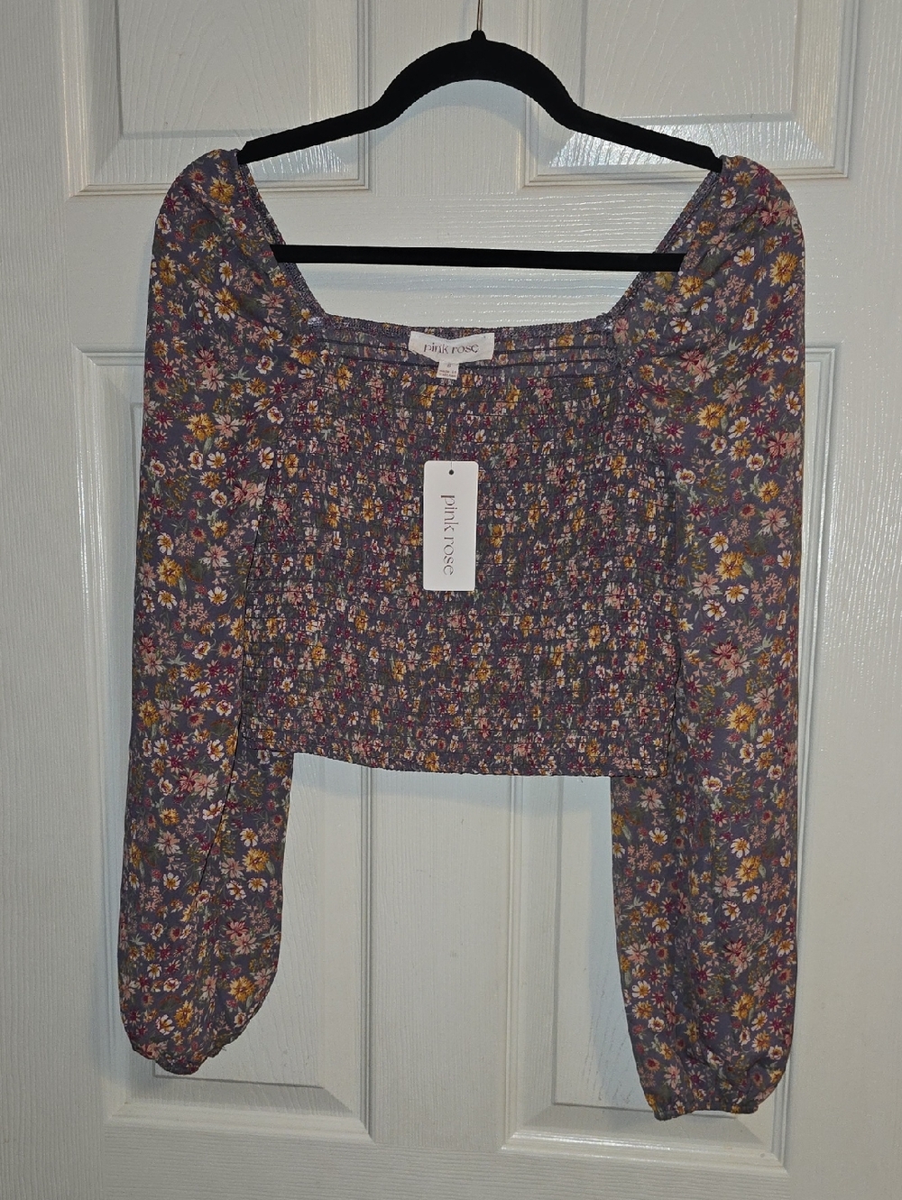 Pink Rose Purple Floral Smocked Square Neck Long Sleeve Blouse